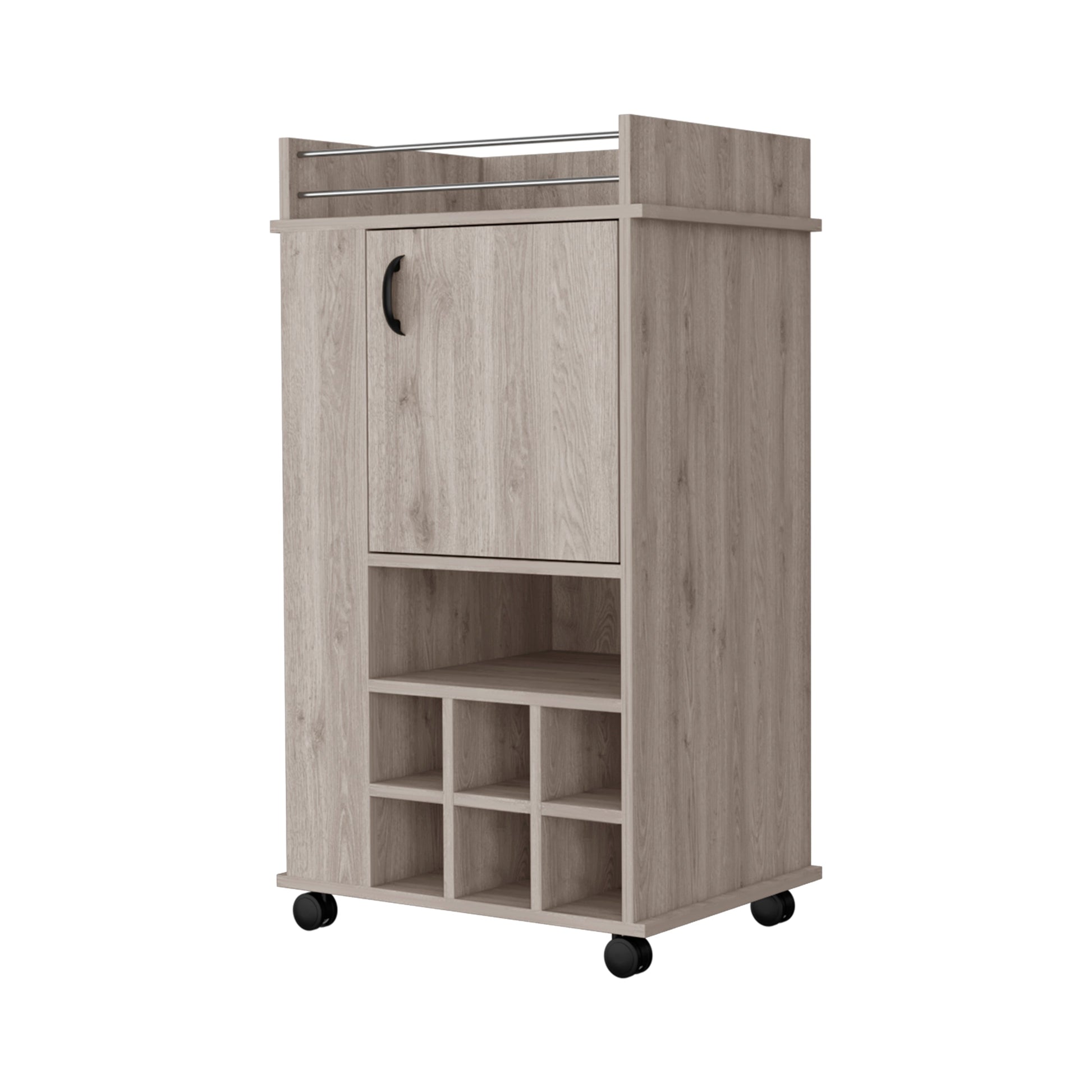 Light oak mobile bar cart with two metal towel bars and a cabinet door
