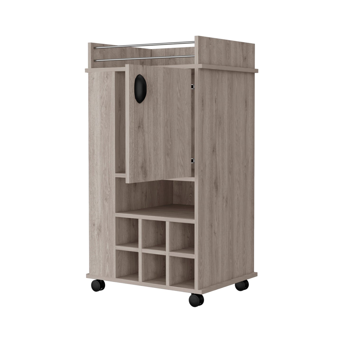 Rustic oak wine cart with  bottle cubbies and open shelving