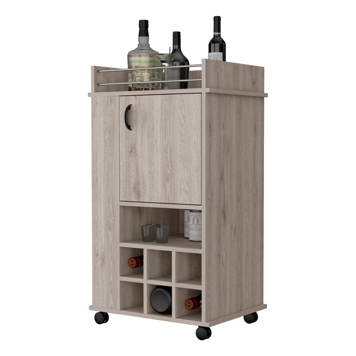 Rustic oak bar cart with wine rack and cabinet