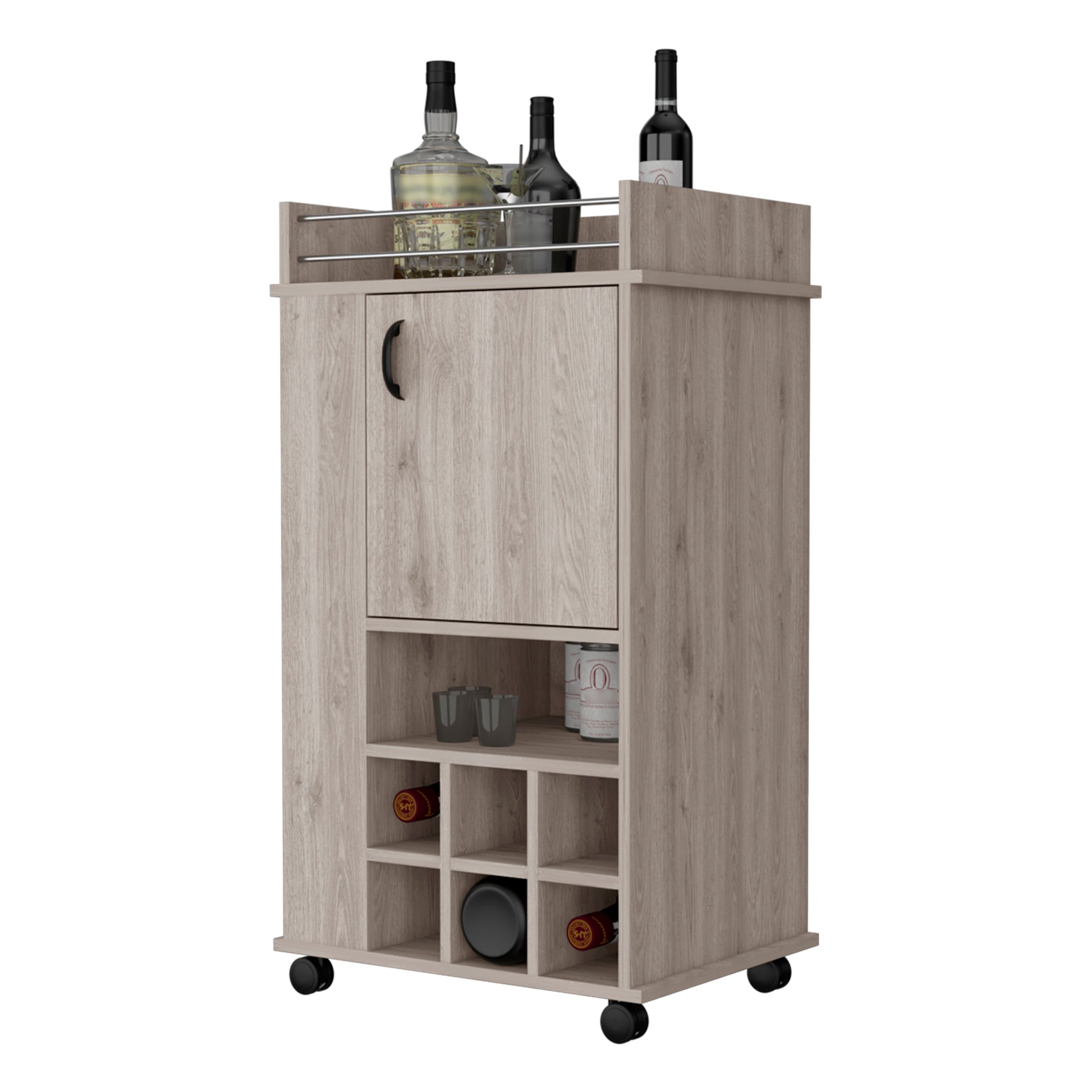 Rustic oak bar cart with wine rack and cabinet