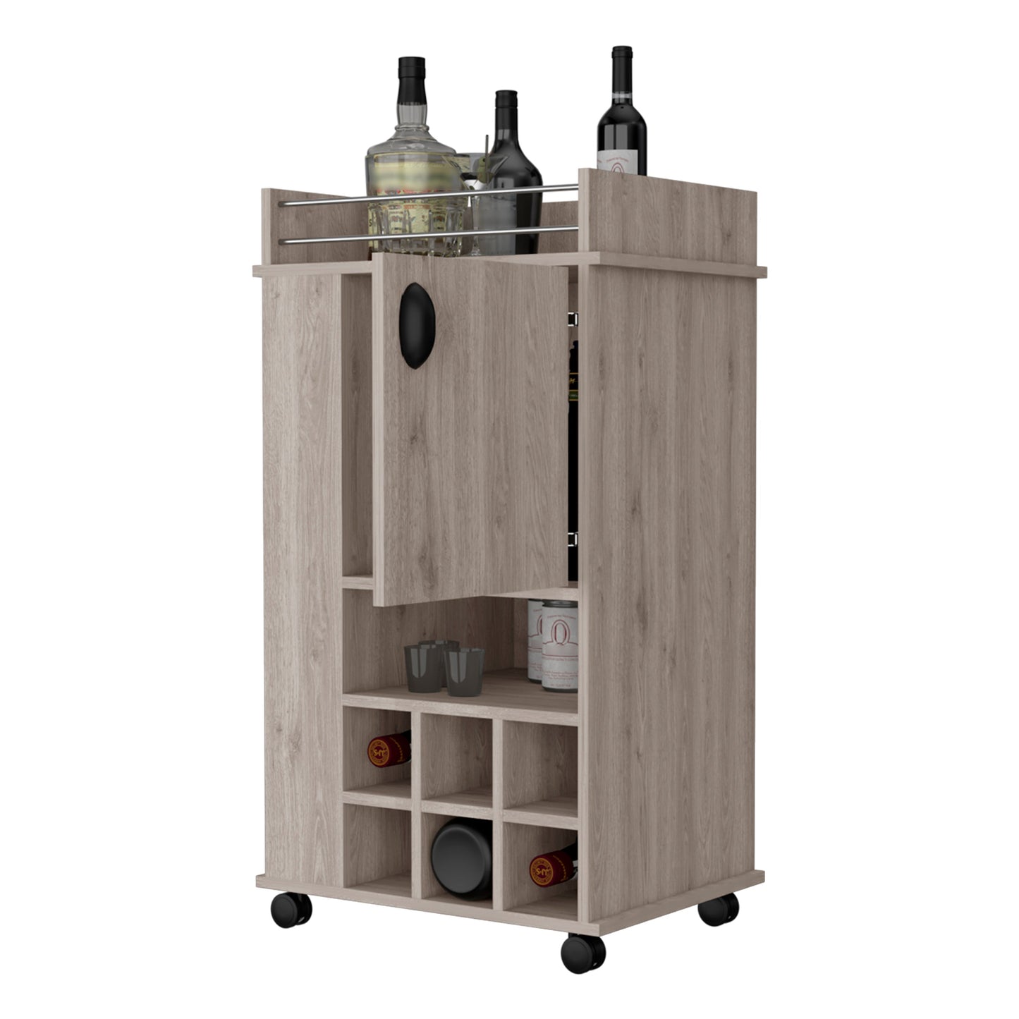 Modern oak finish bar cart with wine rack and wheels