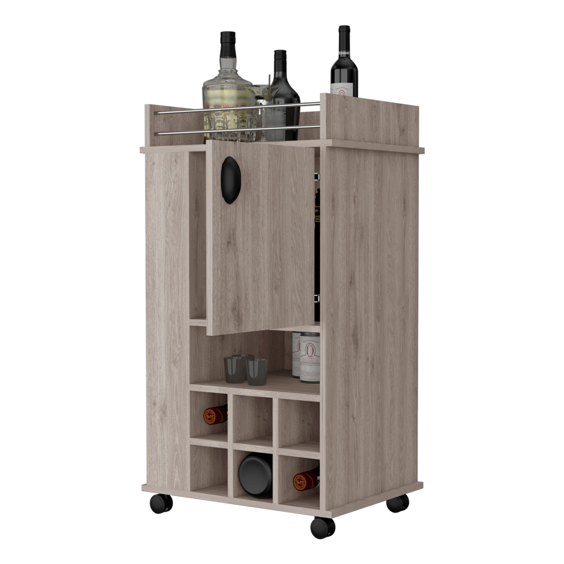 Modern oak finish bar cart with wine rack and wheels