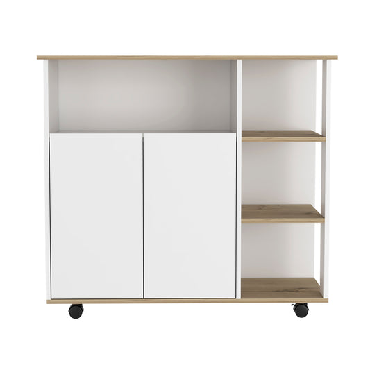 White and oak modern rolling cabinet with two doors and three open shelves