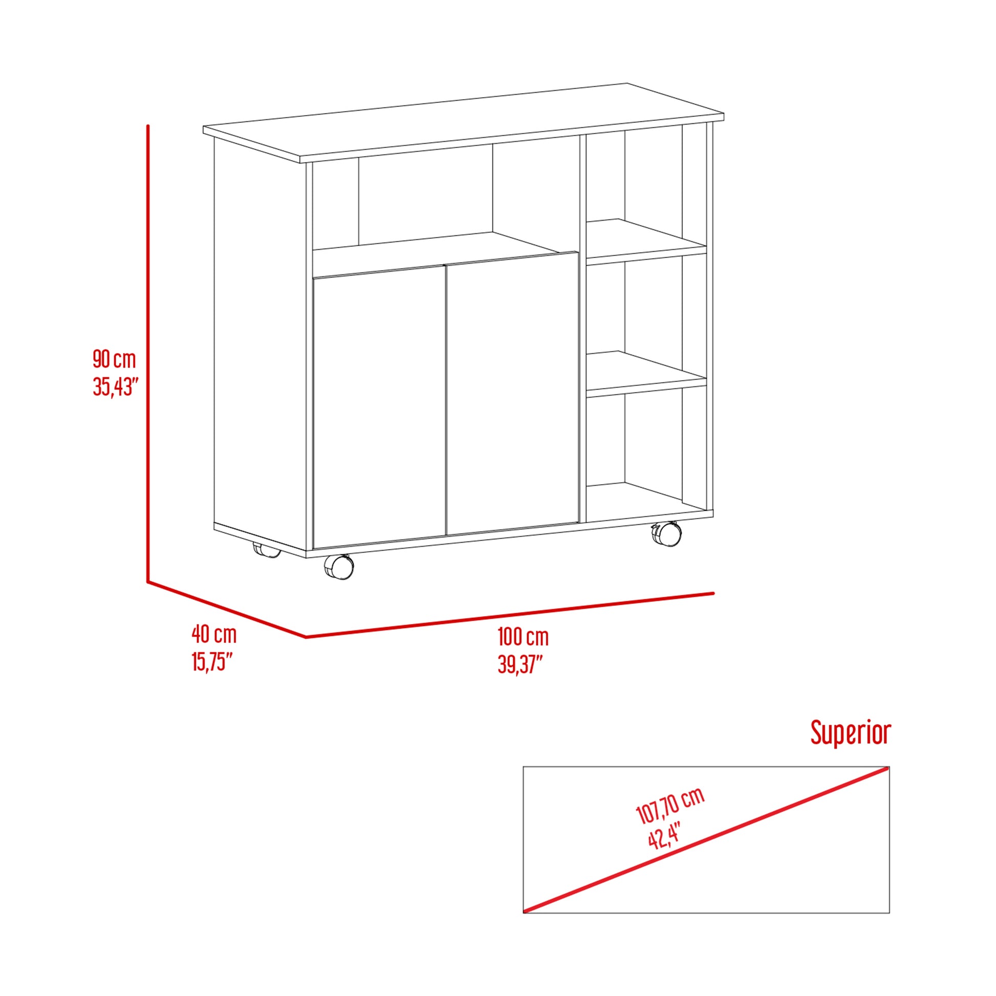 Illustration of a white mobile cabinet with sliding doors and open shelves