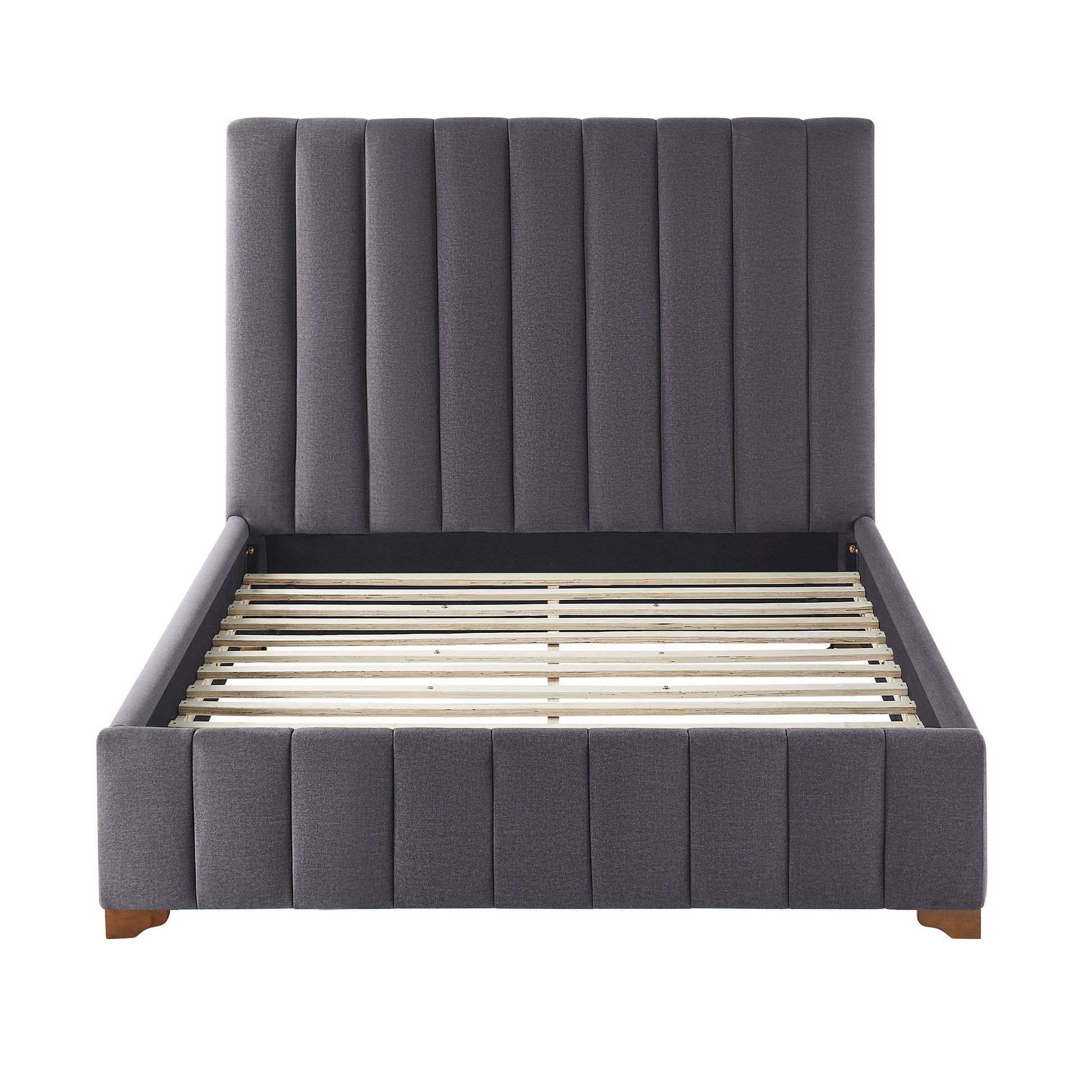 Dark grey upholstered platform bed frame with vertical channel tufting