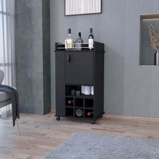Black mobile bar cart with glass holders and wine rack