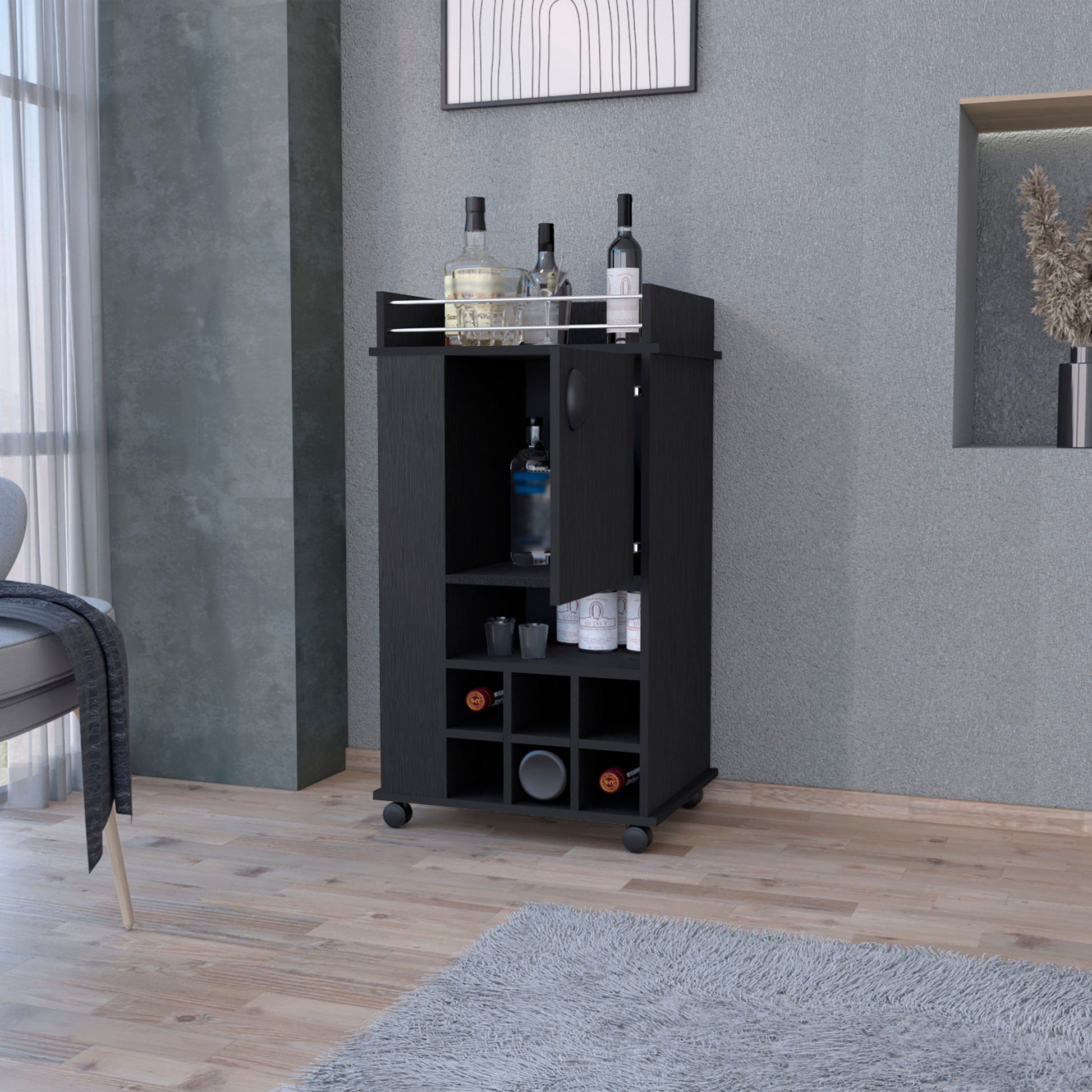 Black modern bar cart with wine rack and glass shelves