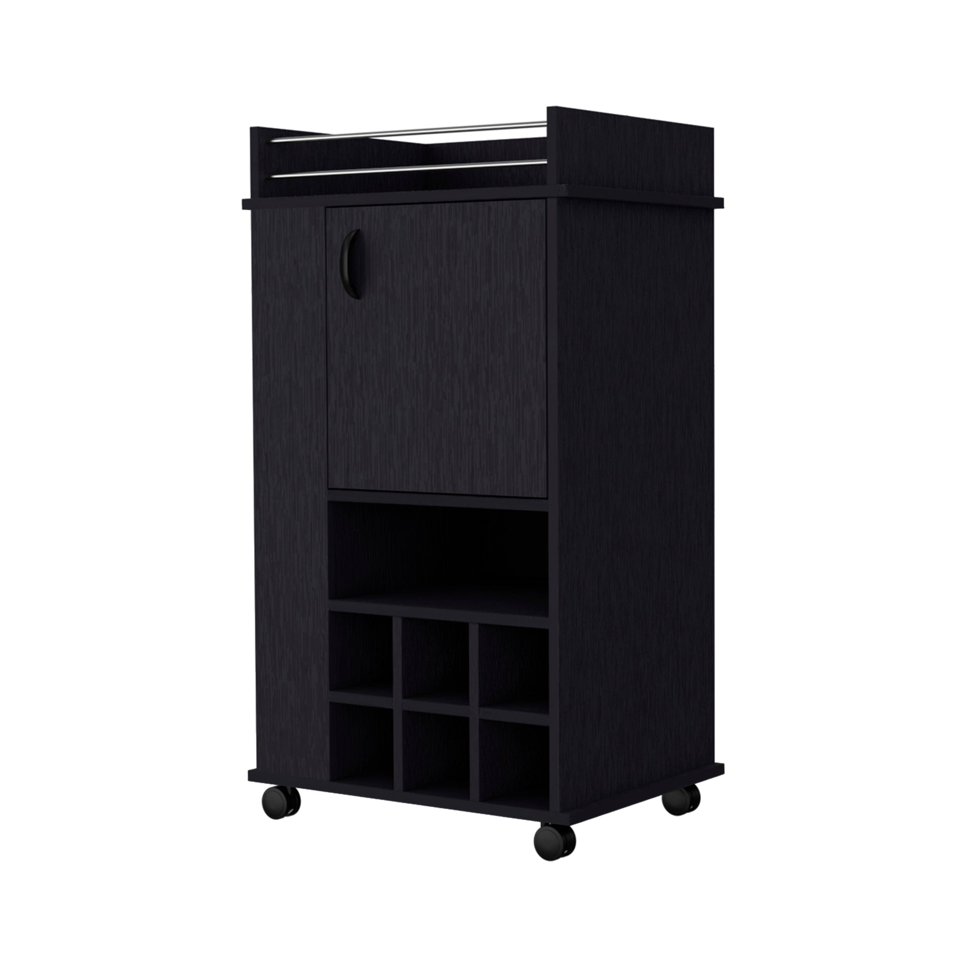 Black kitchen cart with two racks on top and nine cubbies below