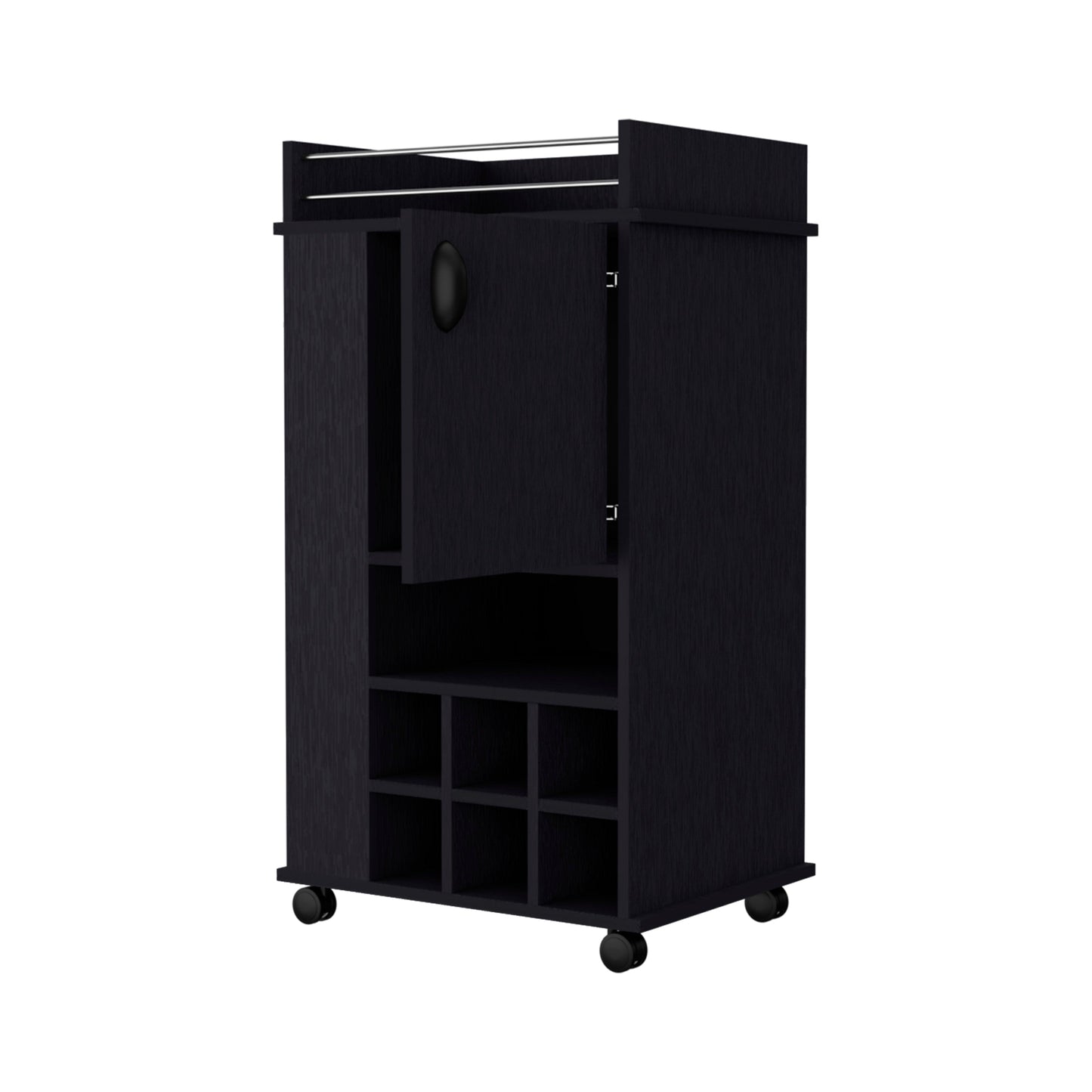 Black wood bar cart with nine wine cubbies and a hanging rack