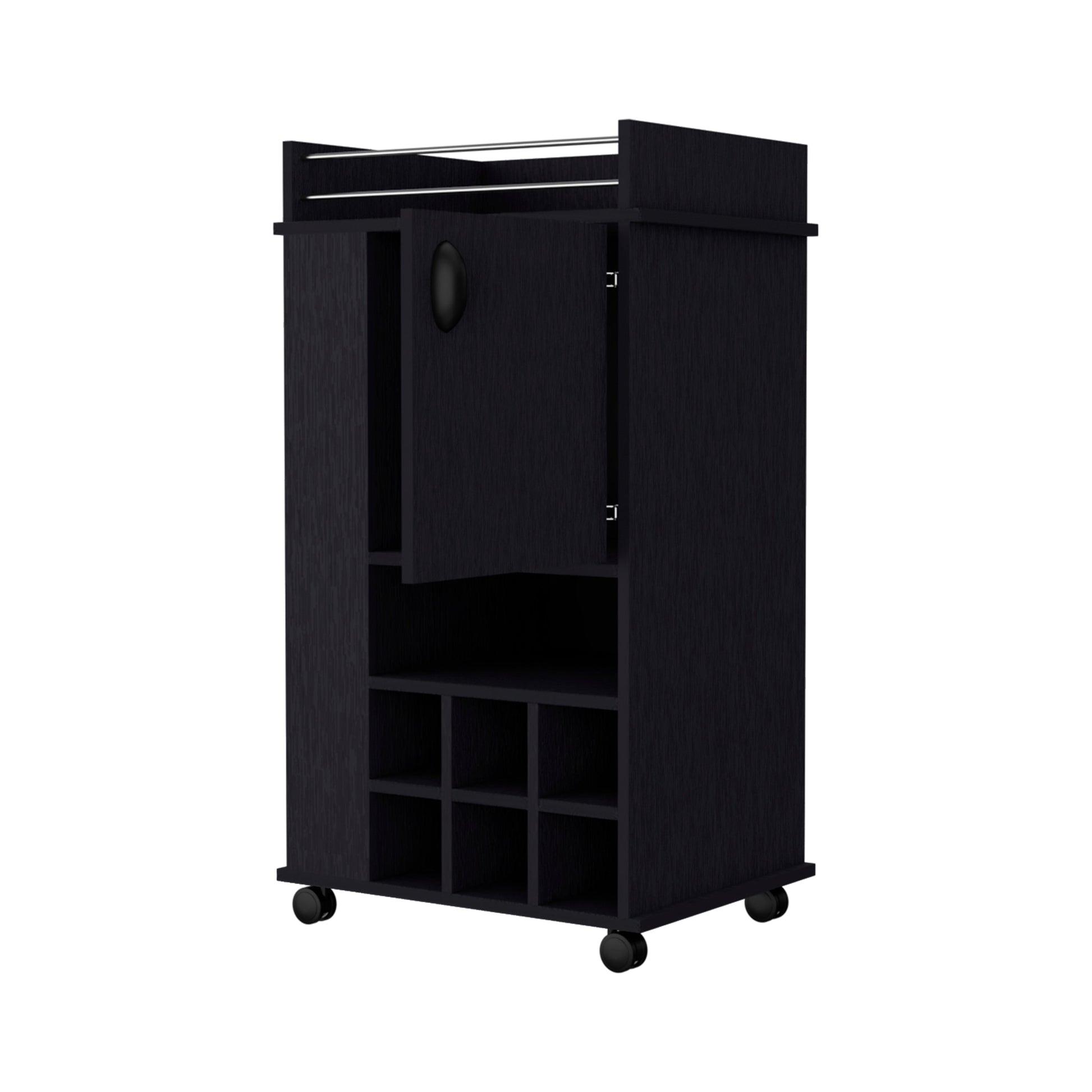Black wood bar cart with nine wine cubbies and a hanging rack