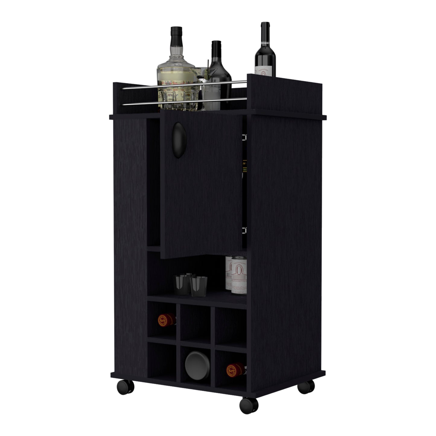 Black modern bar cart with wine rack and bottle storage
