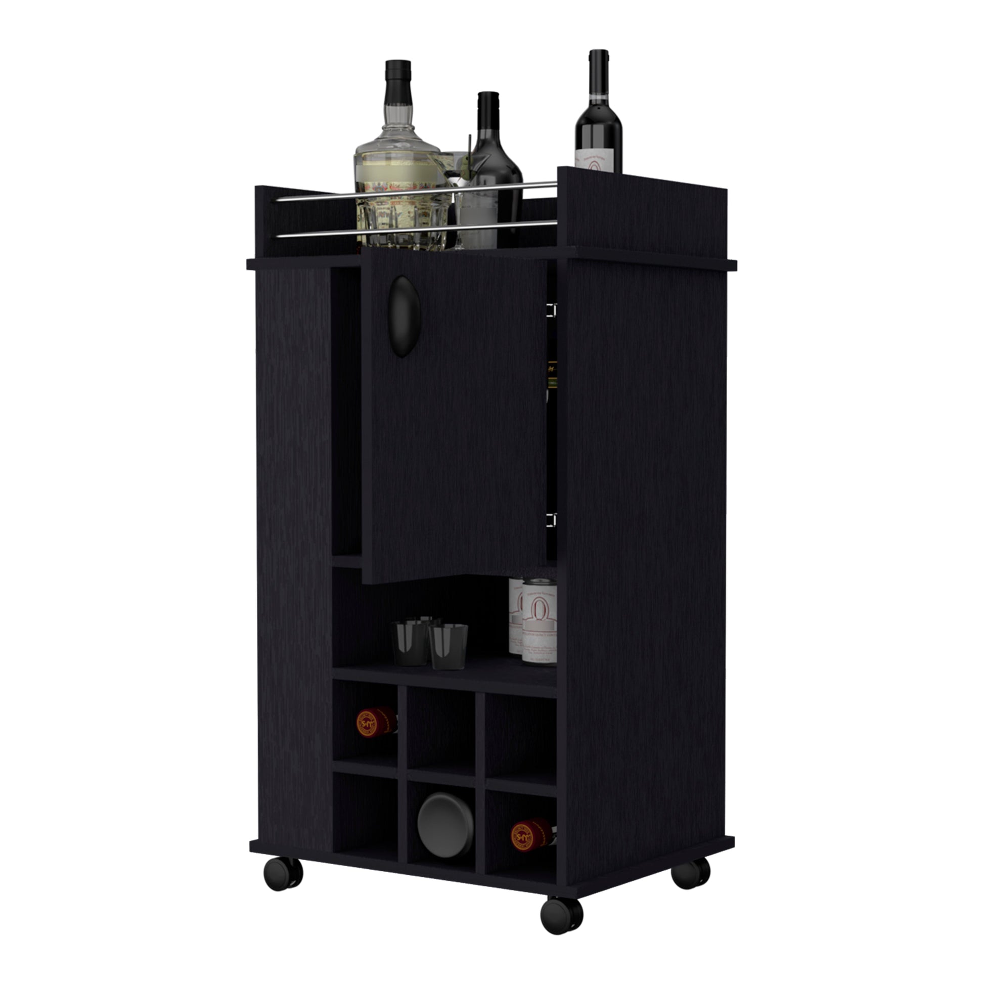 Black modern bar cart with wine rack and bottle storage