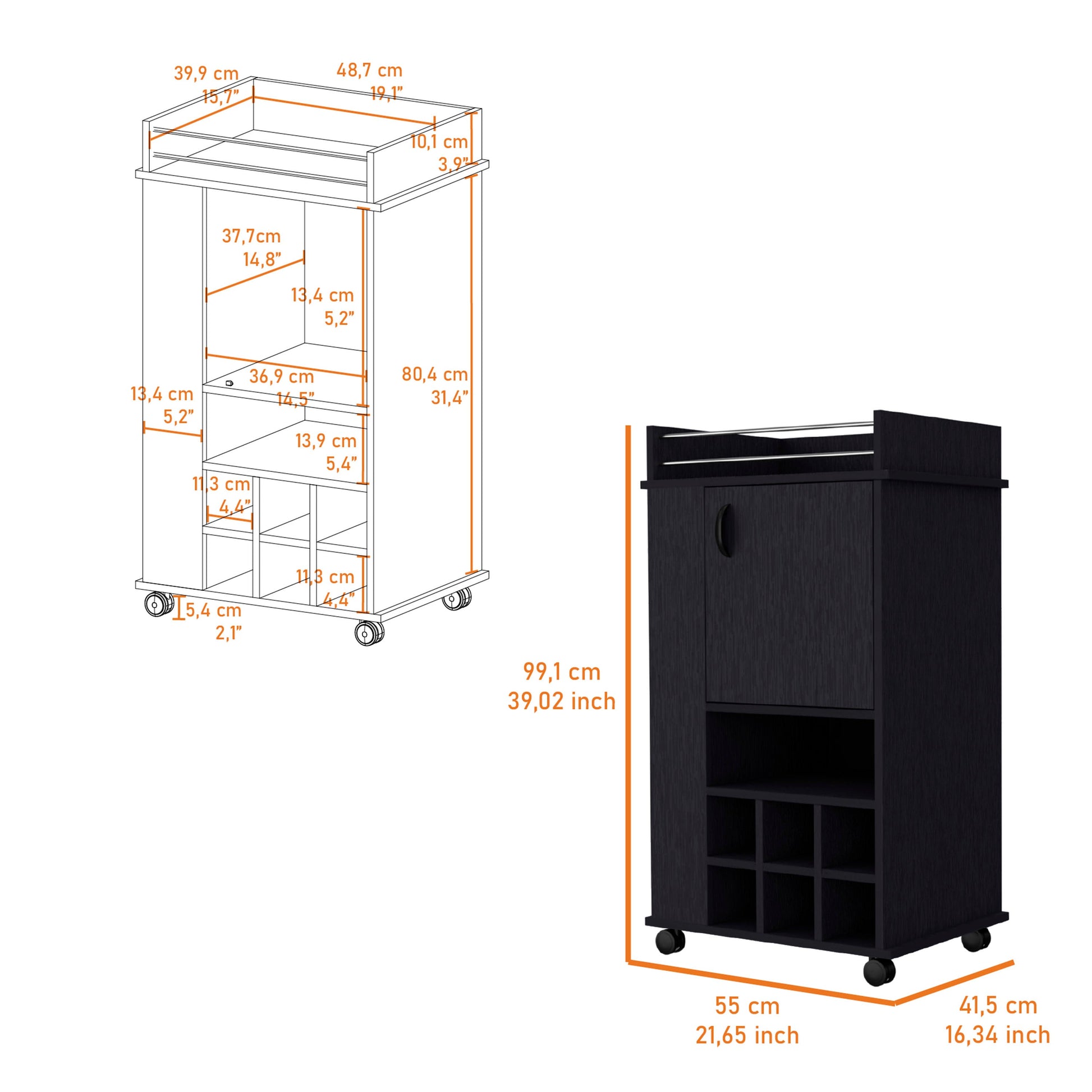 Black wooden bar cart with wine rack and side cabinet