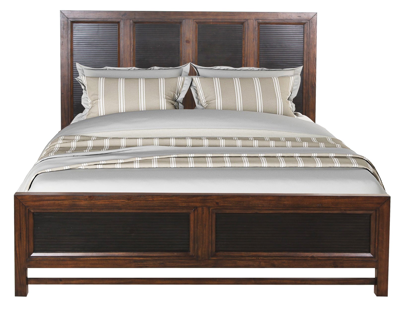 Rustic wooden bed frame with slatted headboard and striped accent pillows for a cozy bedroom