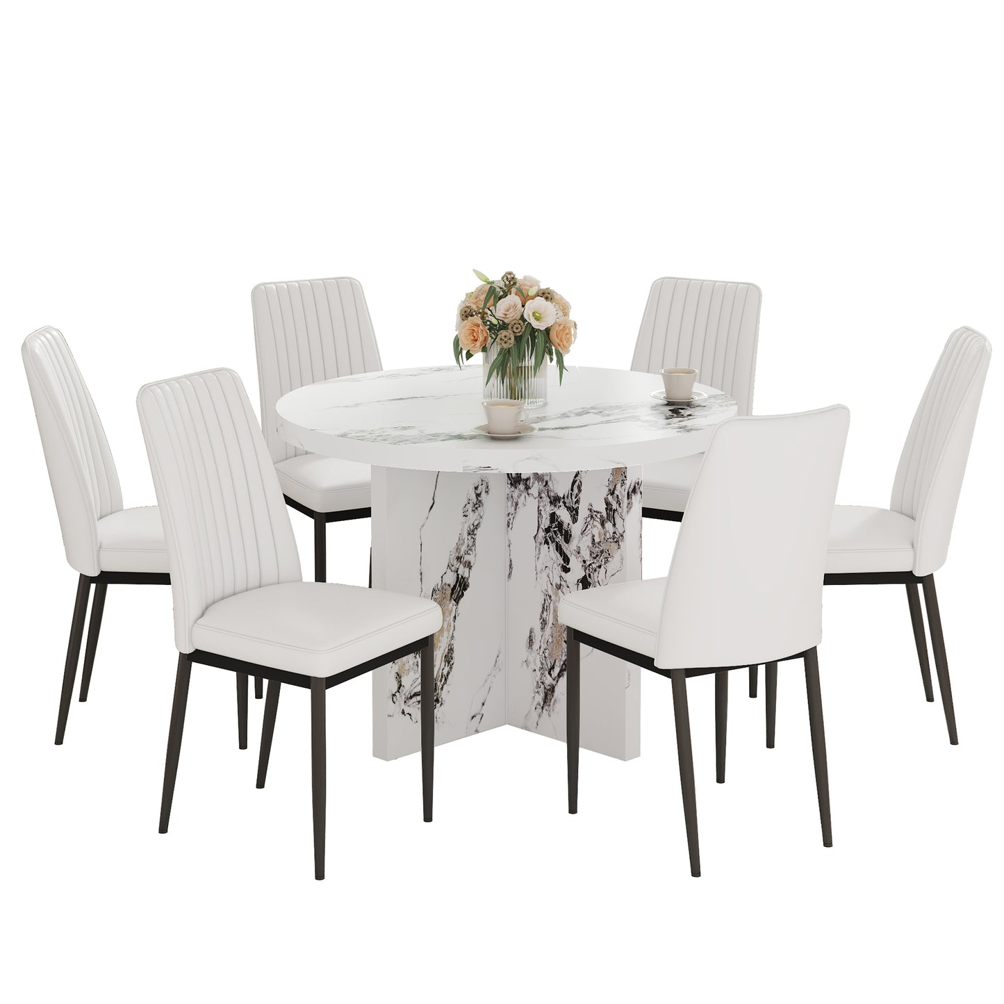 White upholstered dining chairs with a fluted back design surrounding a marble pedestal dining table with floral centerpiece
