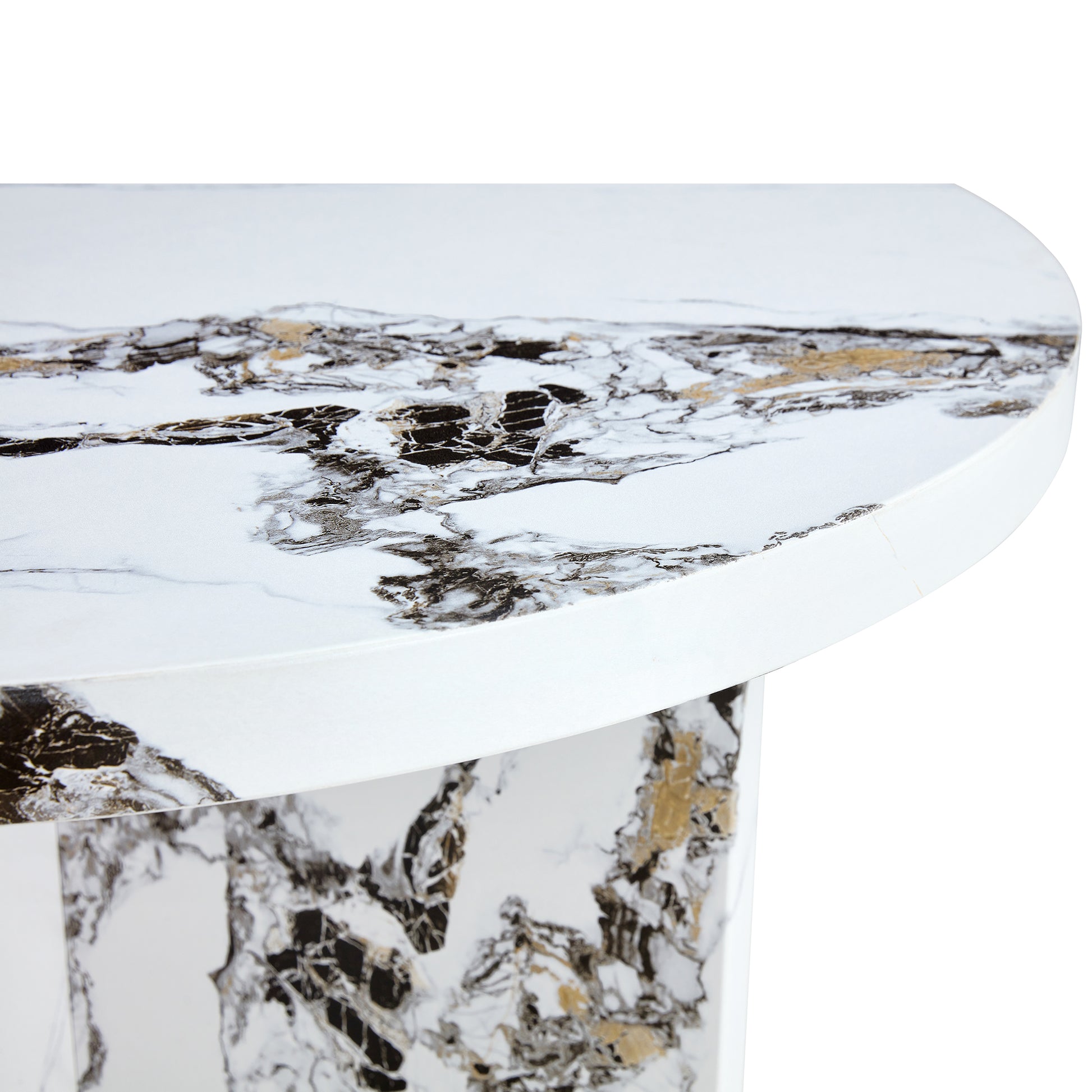 Round white marble coffee table with gold and black veining