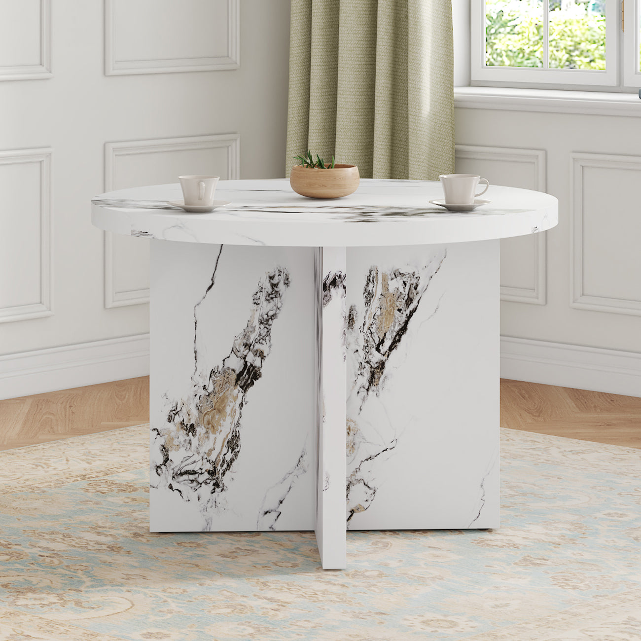 White marble pedestal dining table with modern abstract gold veining