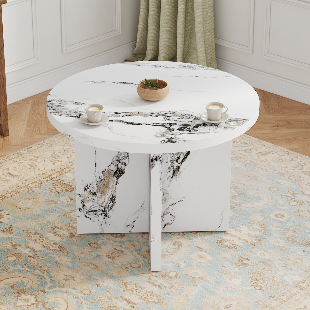 Modern round marble coffee table with faux marble top and pedestal base