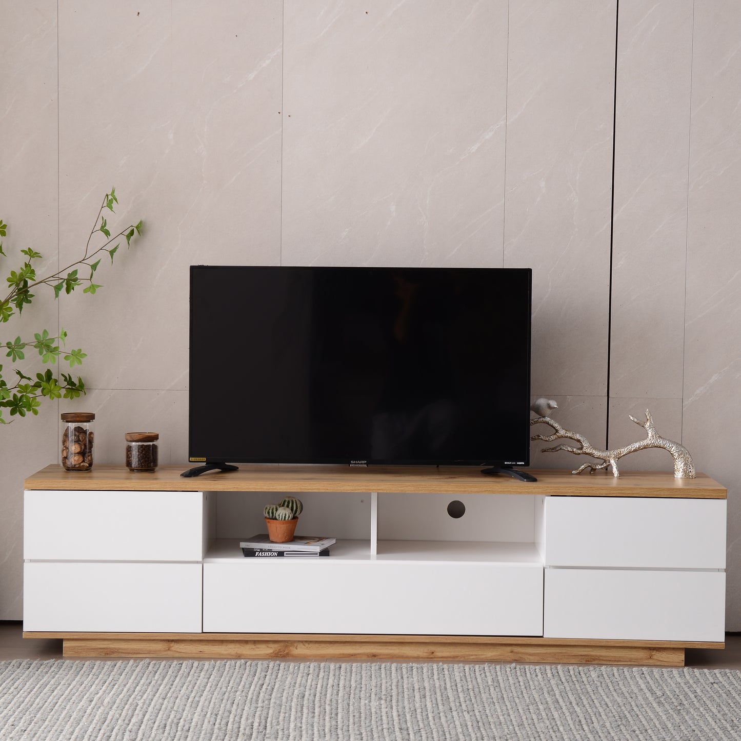 TREATLIFE HOME Modern TV Stand for TVs Up to 80'' with Multi-Functional Storage and Door Rebound Device, White and Natural Finish