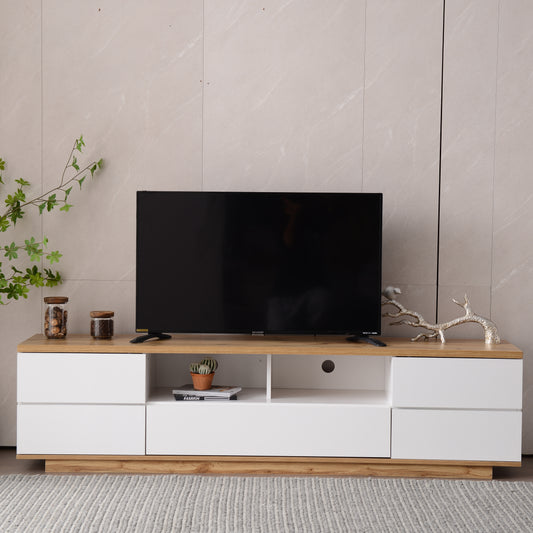 TREATLIFE HOME Modern TV Stand for TVs Up to 80'' with Multi-Functional Storage and Door Rebound Device, White and Natural Finish