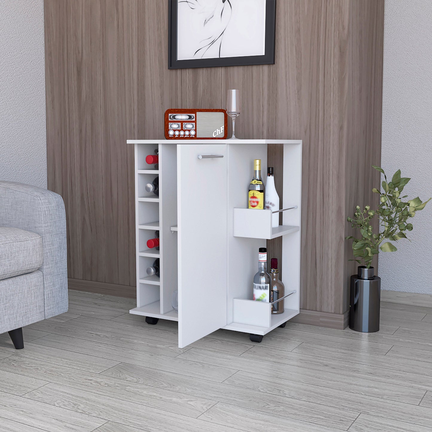 White bar cart with wine rack and bottle storage