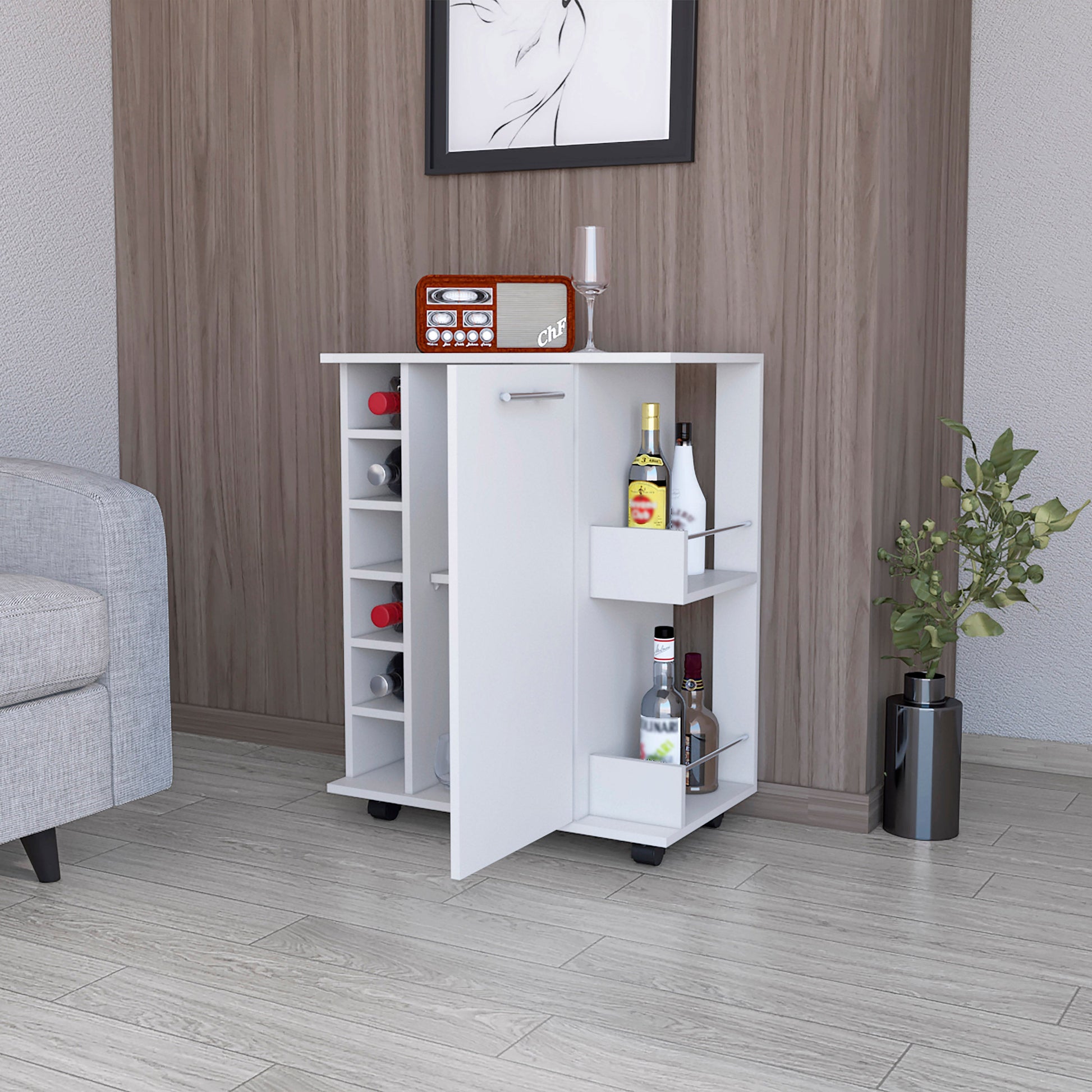 White bar cart with wine rack and bottle storage