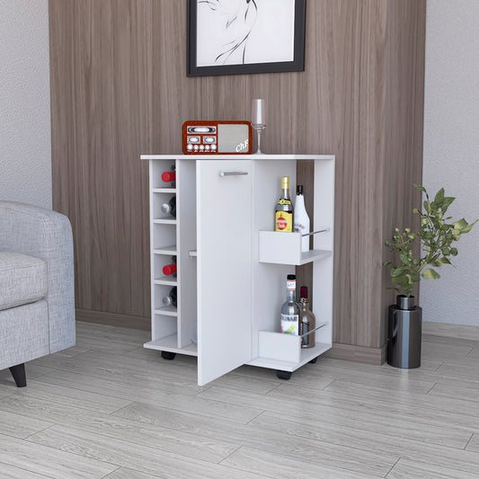 White bar cart with wine rack and bottle storage