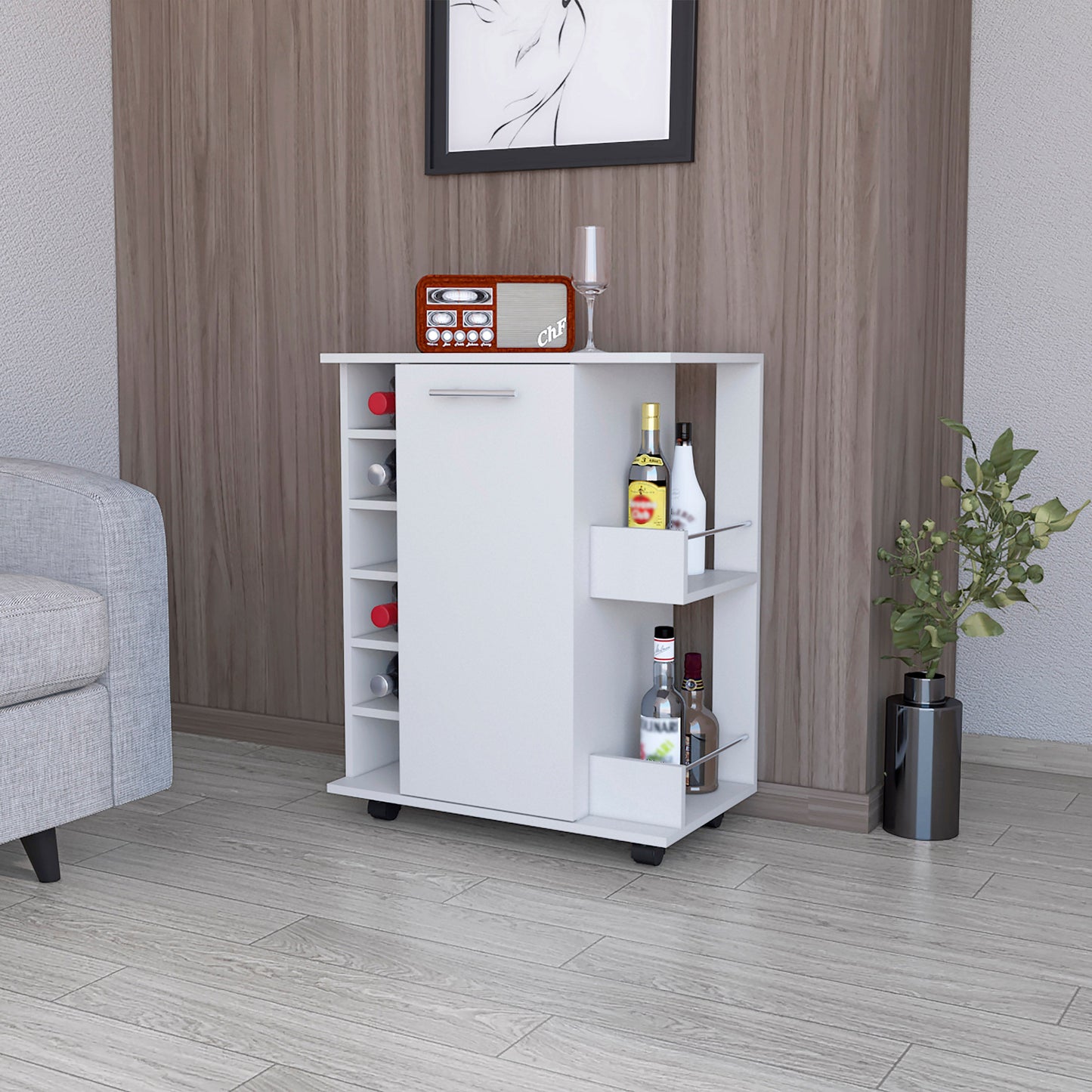 Modern white bar cart with wine rack and bottle storage