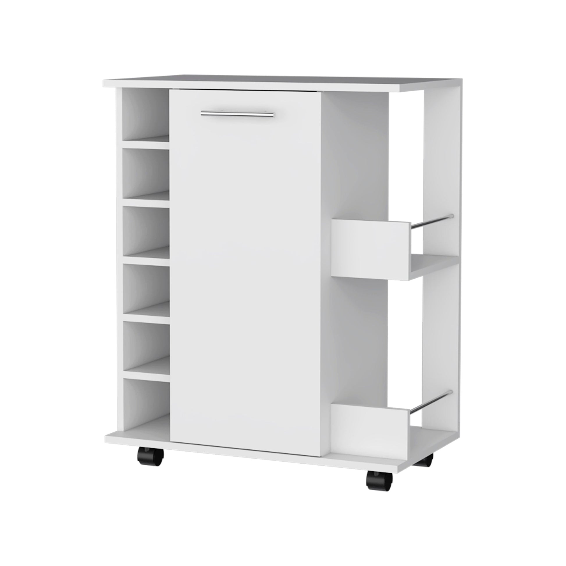 White mobile bar cart with drawer and open shelves