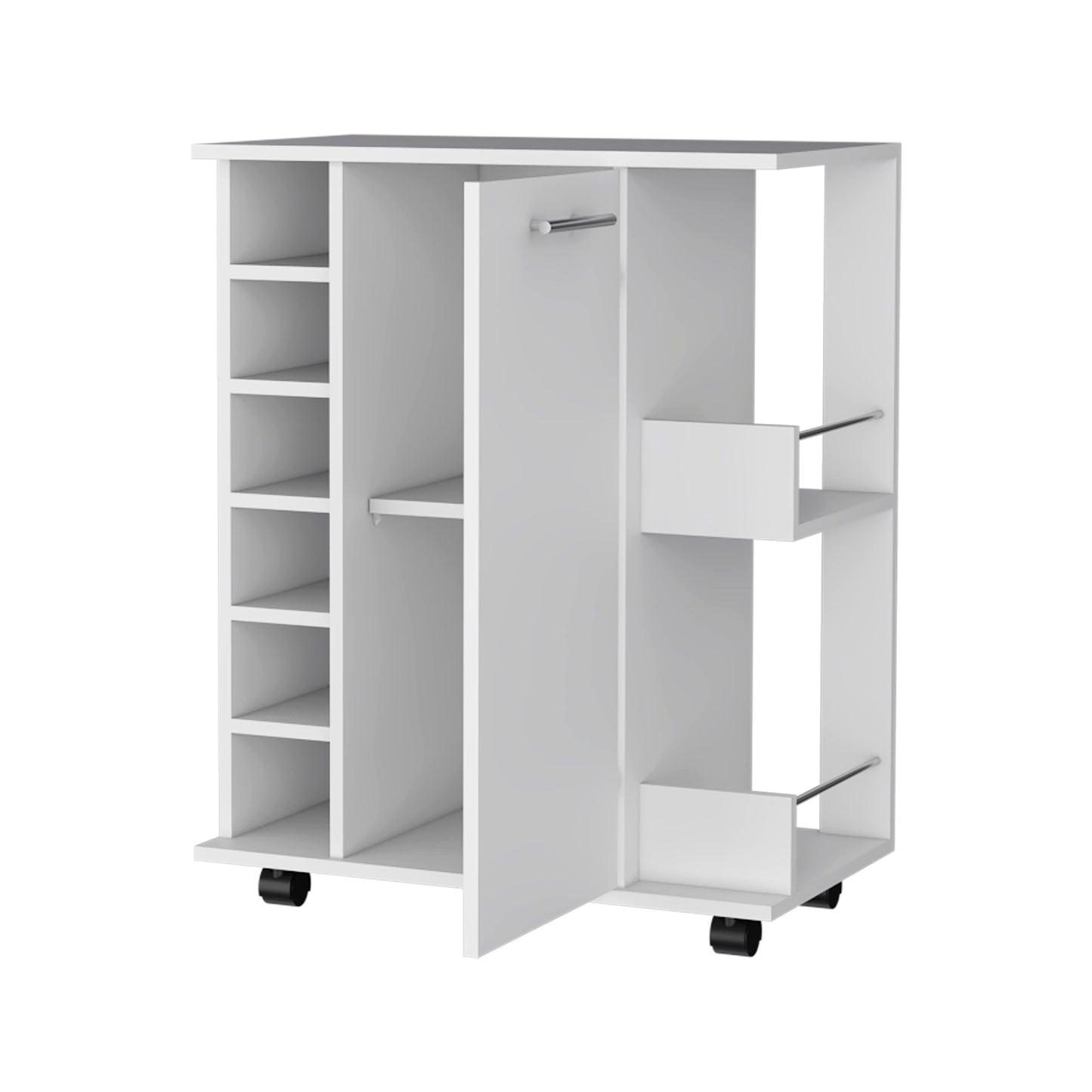 White rolling utility cart with open shelves and a small cabinet