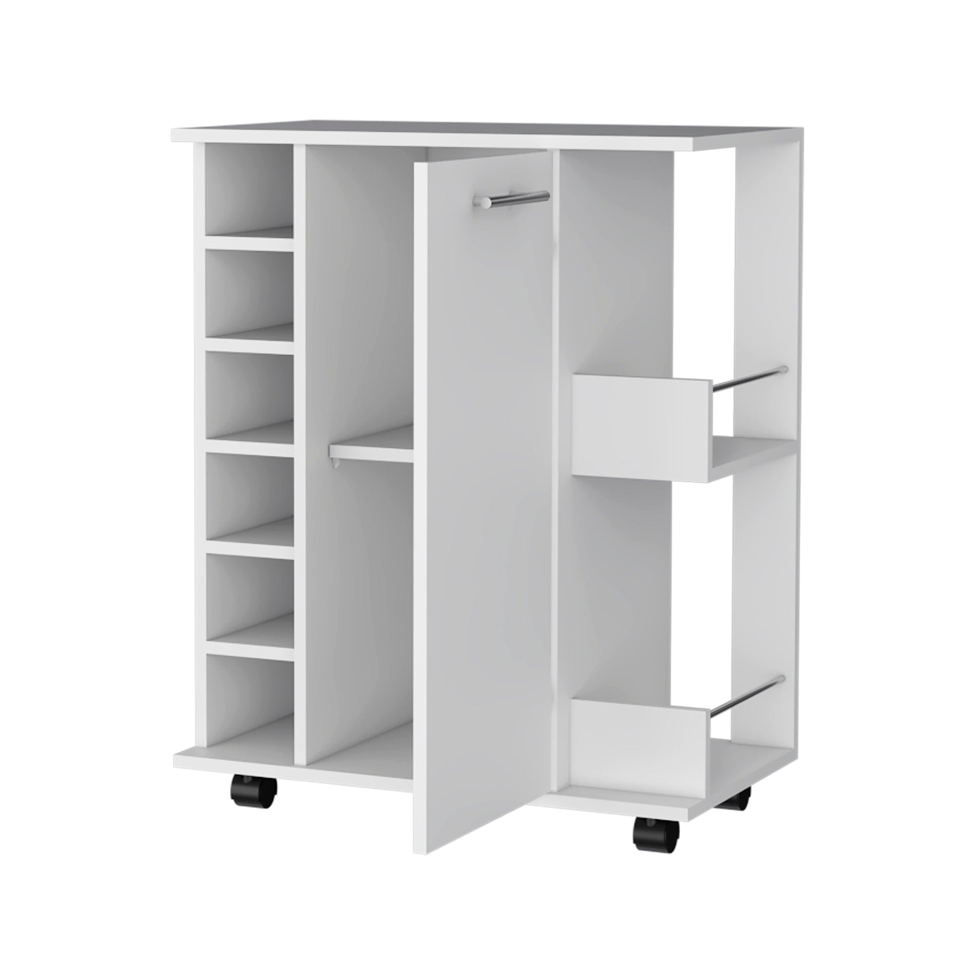 White rolling utility cart with open shelves and a small cabinet