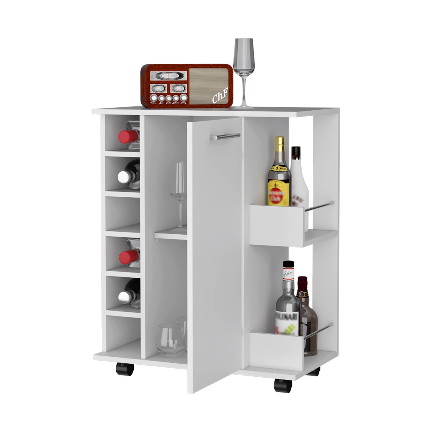 White bar cart with wine rack and bottle storage