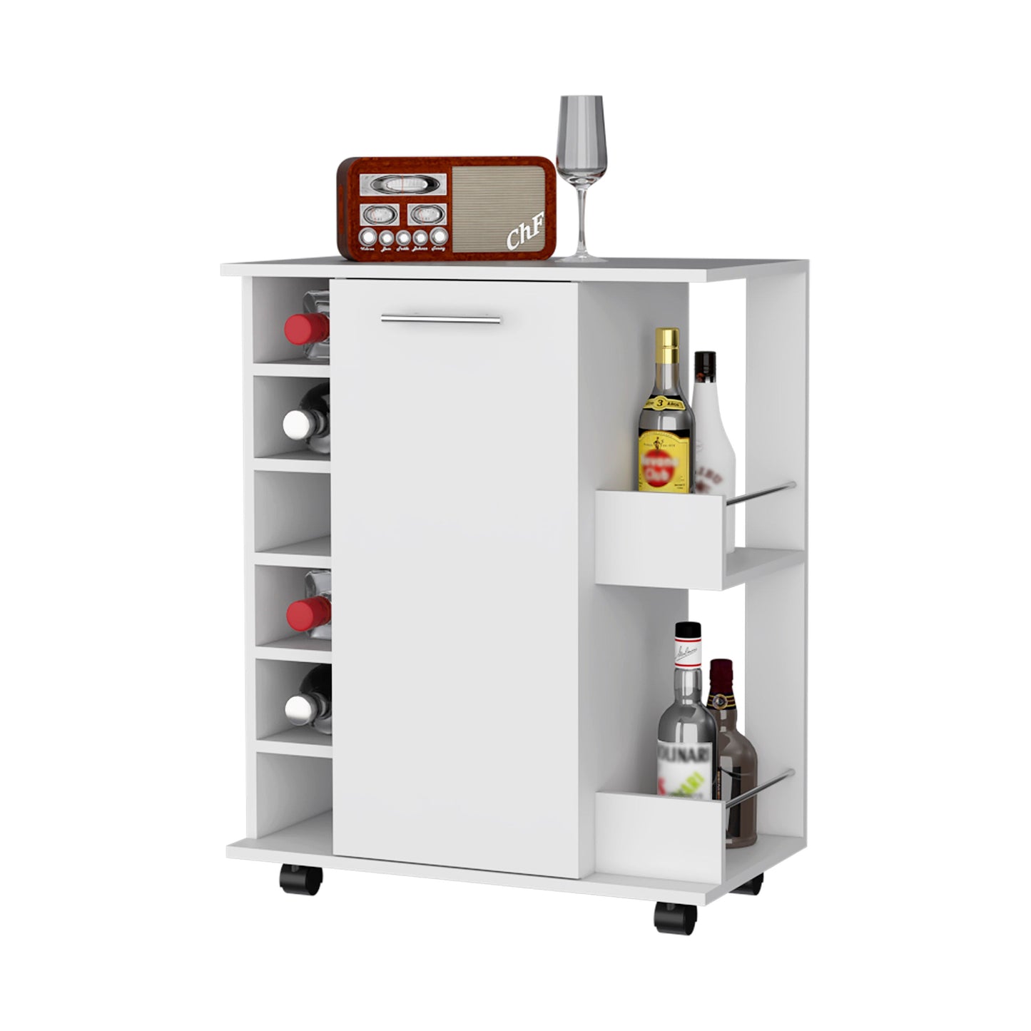 White modern bar cart with wine rack and cabinet