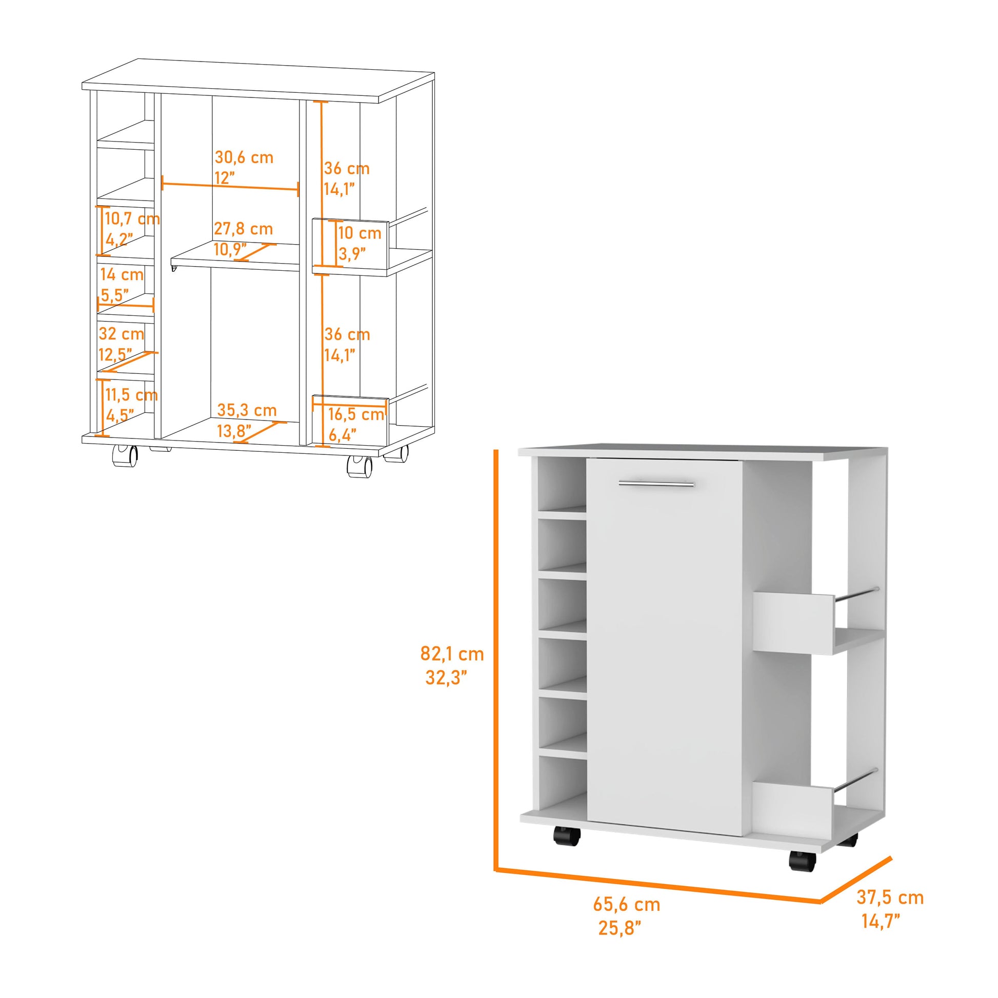 White rolling kitchen cart with open shelves and a central cabinet