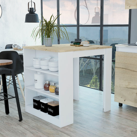 Modern white kitchen island with oak countertop and open shelving