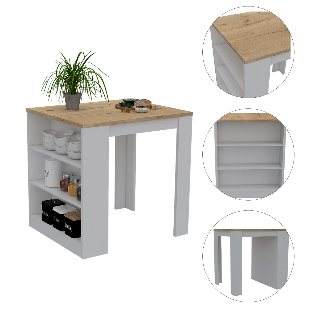 White and wood breakfast bar with side shelves