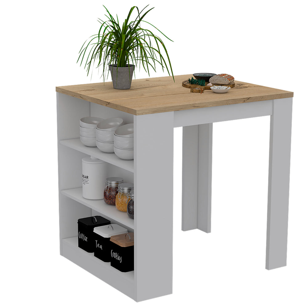 Compact kitchen island with white shelves and woodgrain top
