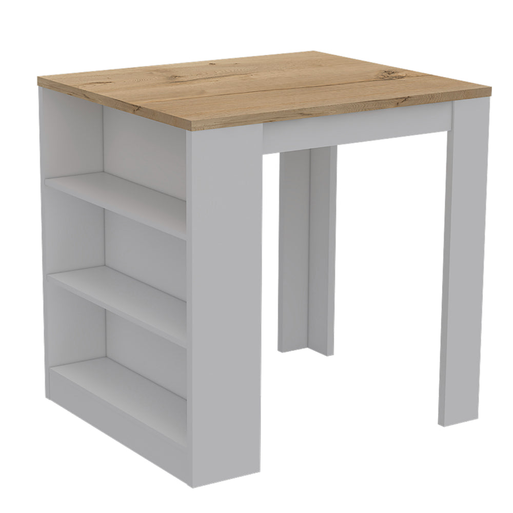 Modern white bar table with rustic oak wood top and integrated shelving