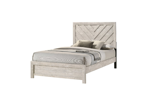 Rustic white wood twin bed with chevron headboard and striped bedding