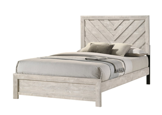 White wood twin bed frame with a chevron pattern headboard and striped bedding