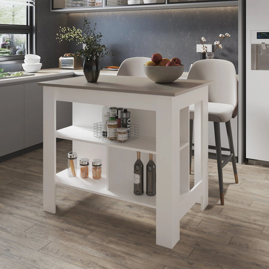 White and grey kitchen island with open shelves