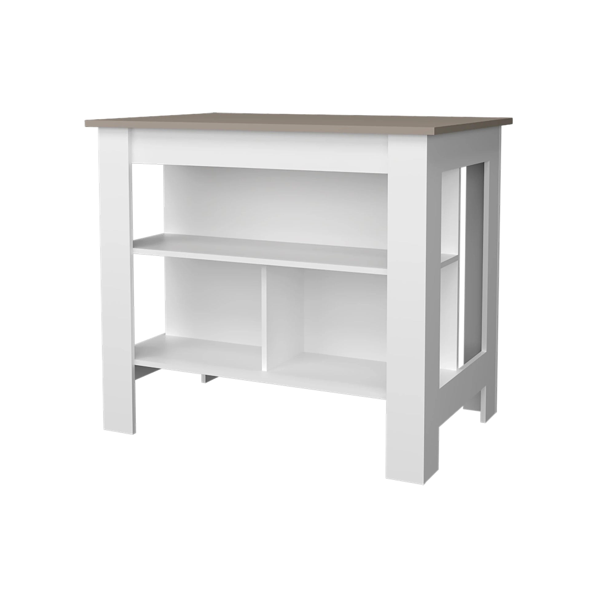 White and taupe entryway bench with open shelving