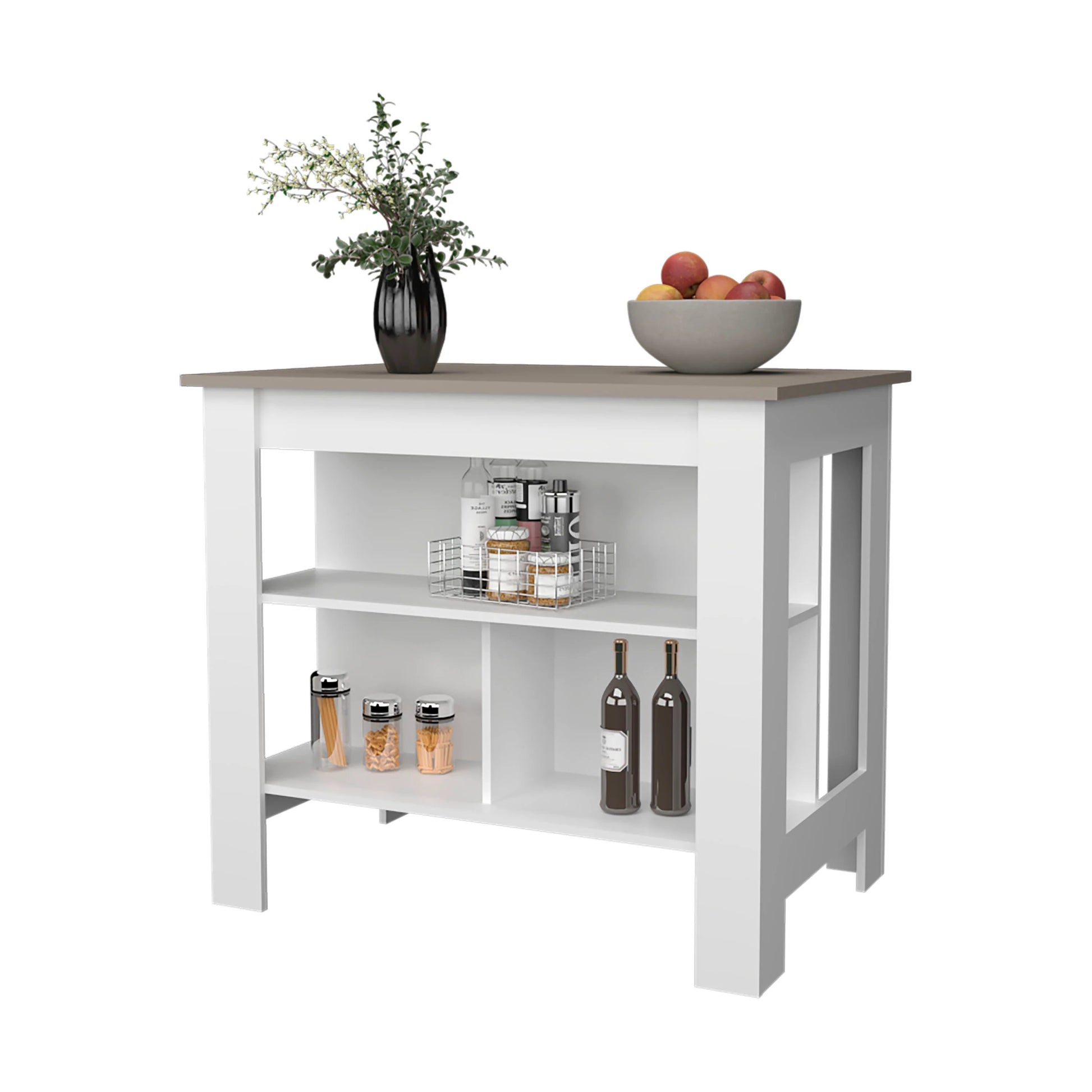 White and wood kitchen island with open shelving displaying fruit spices and wine