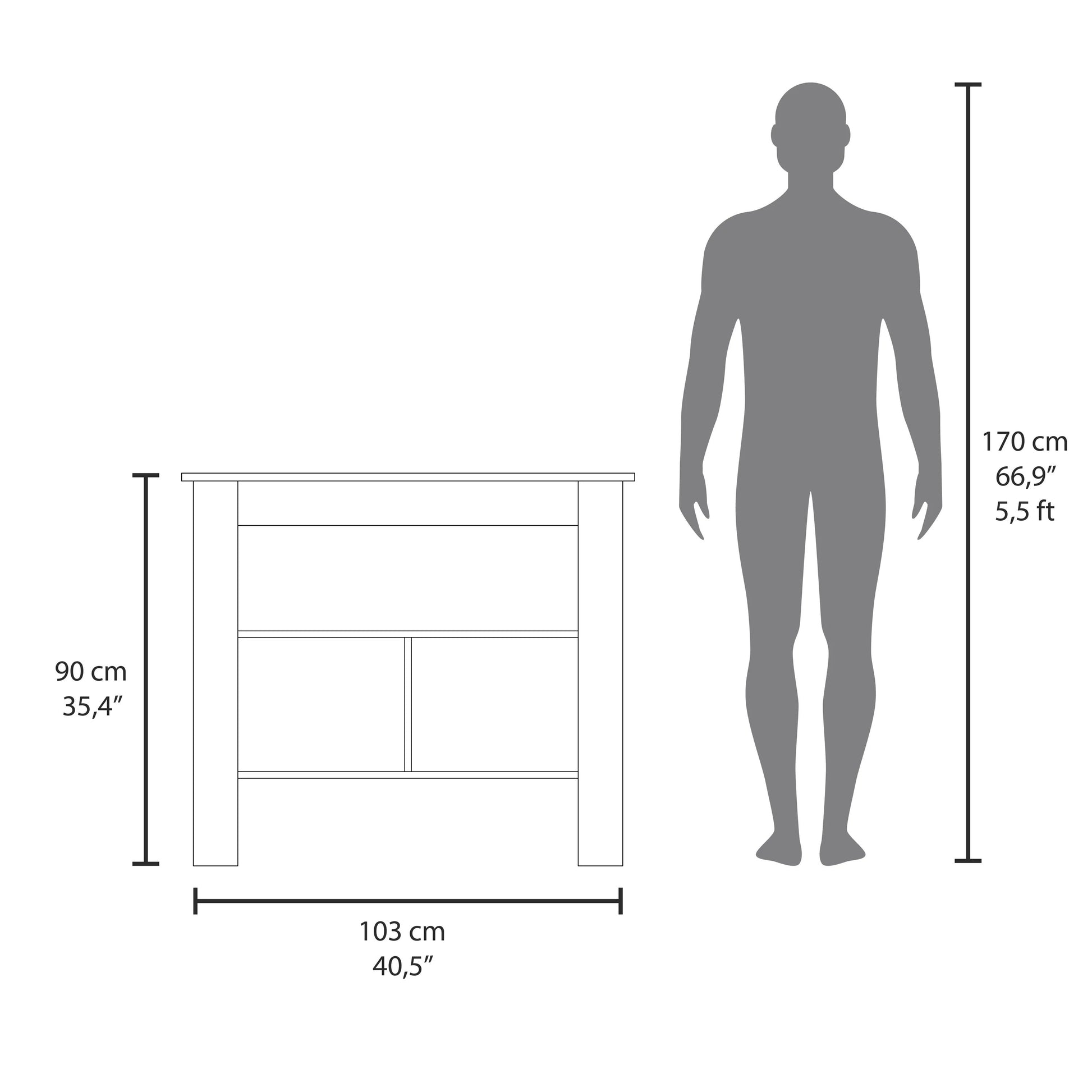This infographic shows a console table with dimensions cm width cm height next to a cm tall silhouette