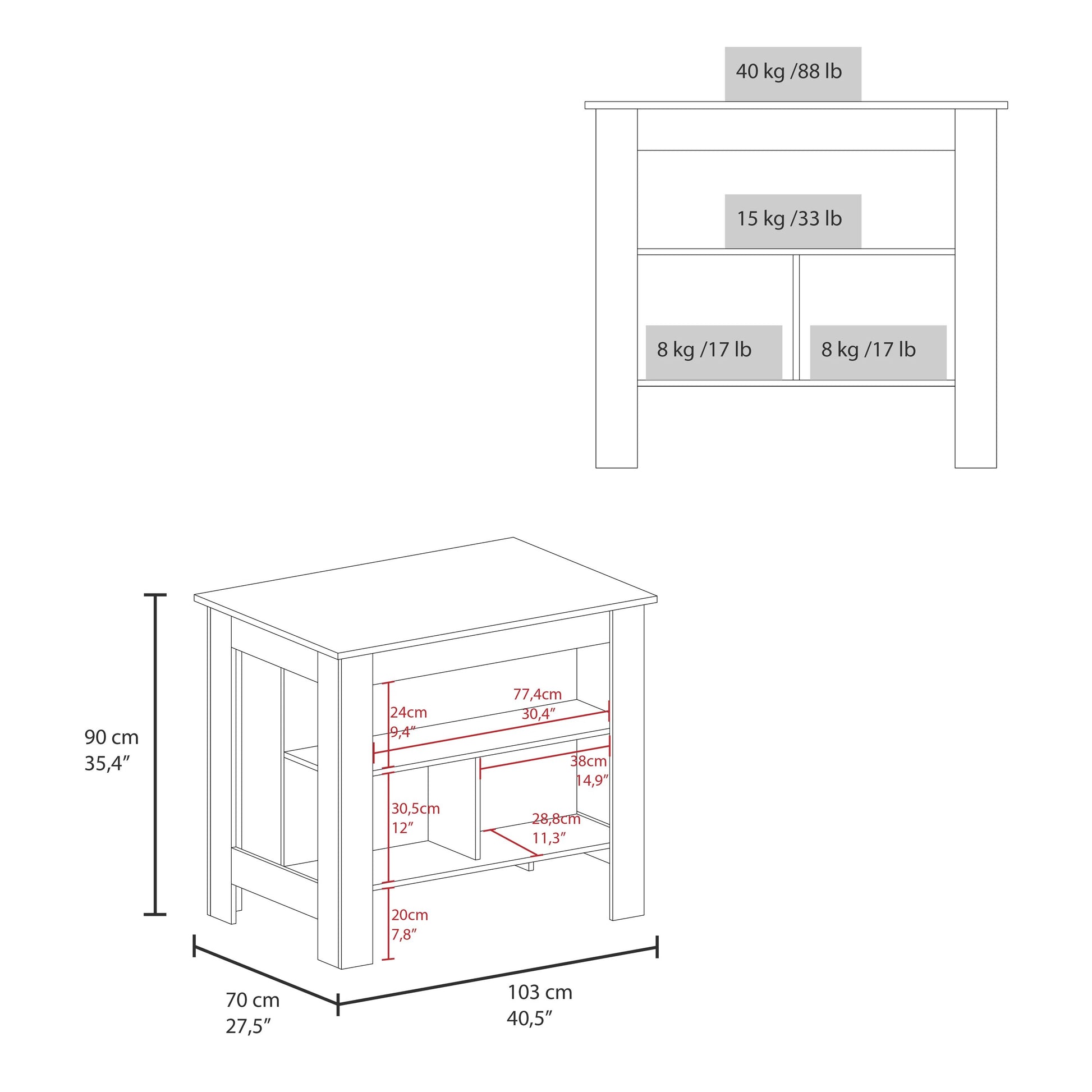 Line drawing of a white kitchen island cart with dimensions labeled in cm and inches