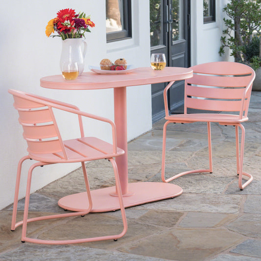 TREATLIFE HOME Elegant Outdoor Bistro Set with Two Chairs and Oval Table, Durable Iron Construction, Matte Coral Finish