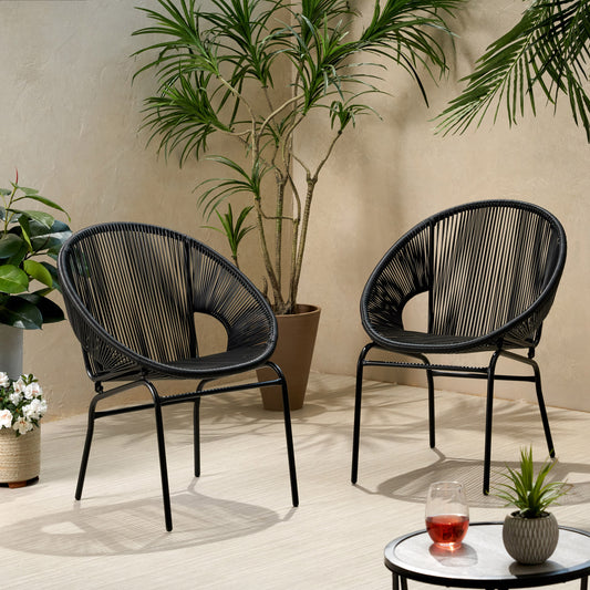 TREATLIFE HOME Outdoor Modern Chairs Set of Two, Sleek Design with Woven Rattan, Durable Iron Frame, Black