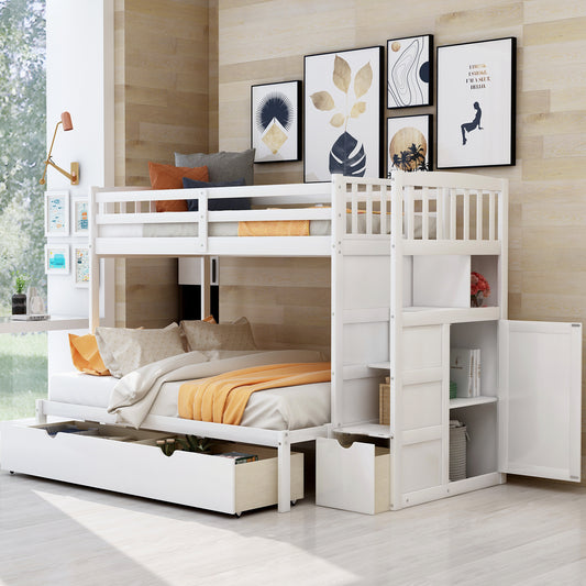White wooden bunk bed with storage stairs and pullout trundle for kids rooms