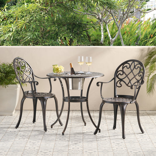 TREATLIFE HOME Outdoor Cast Aluminum Bistro Set with Ice Bucket, 3-Piece Seating Arrangement, Copper Finish