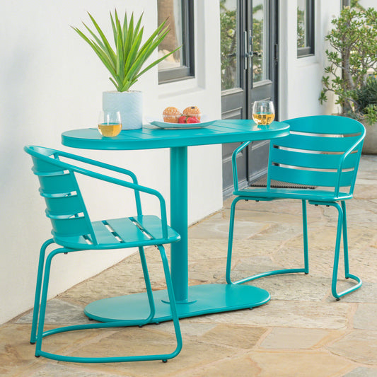 TREATLIFE HOME Elegant Outdoor Bistro Set with Durable Iron Construction and Matte Teal Finish, Includes 2 Chairs and Oval Table